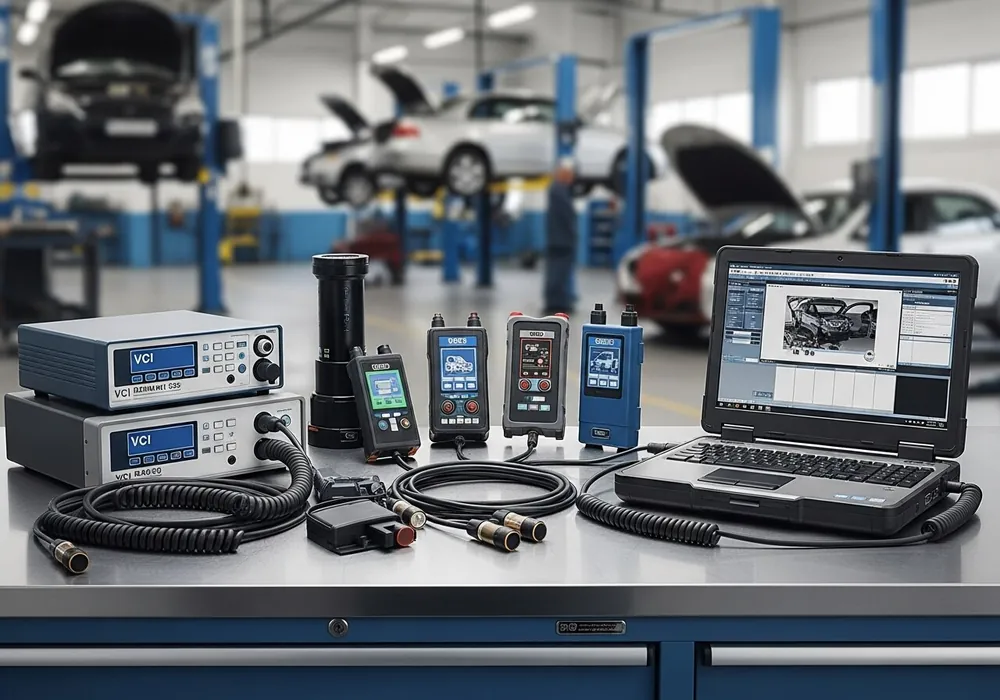 Professional vehicle diagnostic equipment on a workshop bench