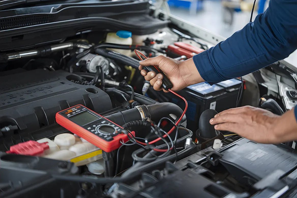Technician testing an engine bay with professional diagnostic equipment