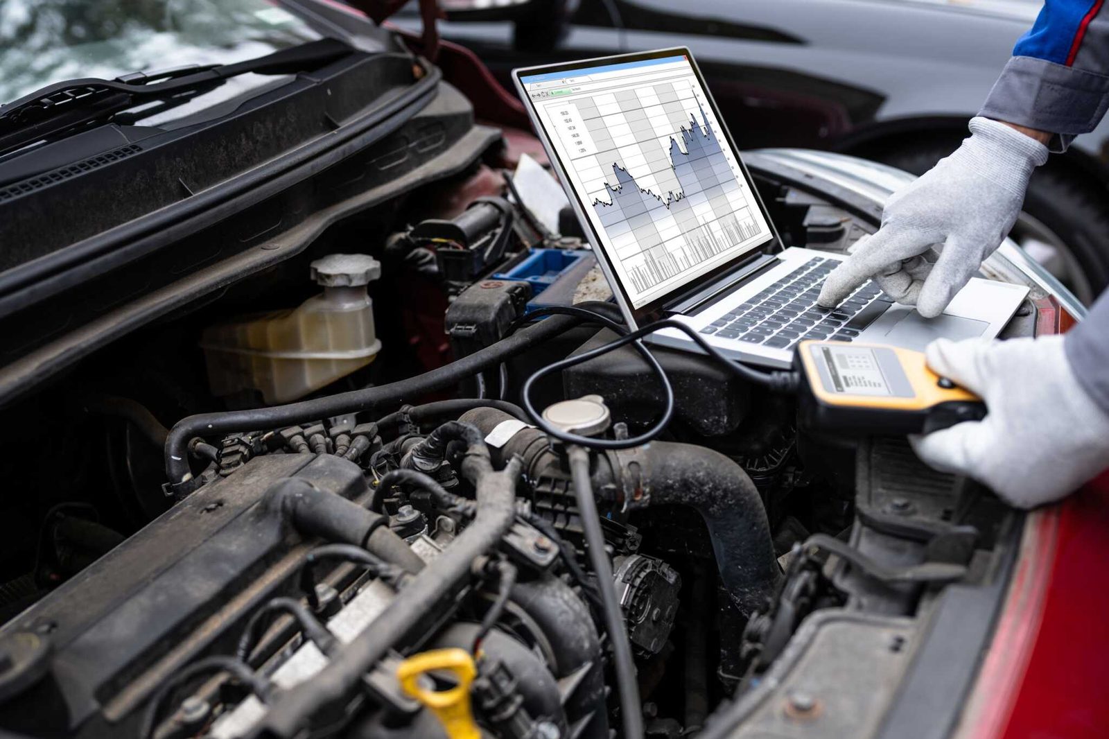 Technician reading live vehicle data on a diagnostic scan tool in a workshop