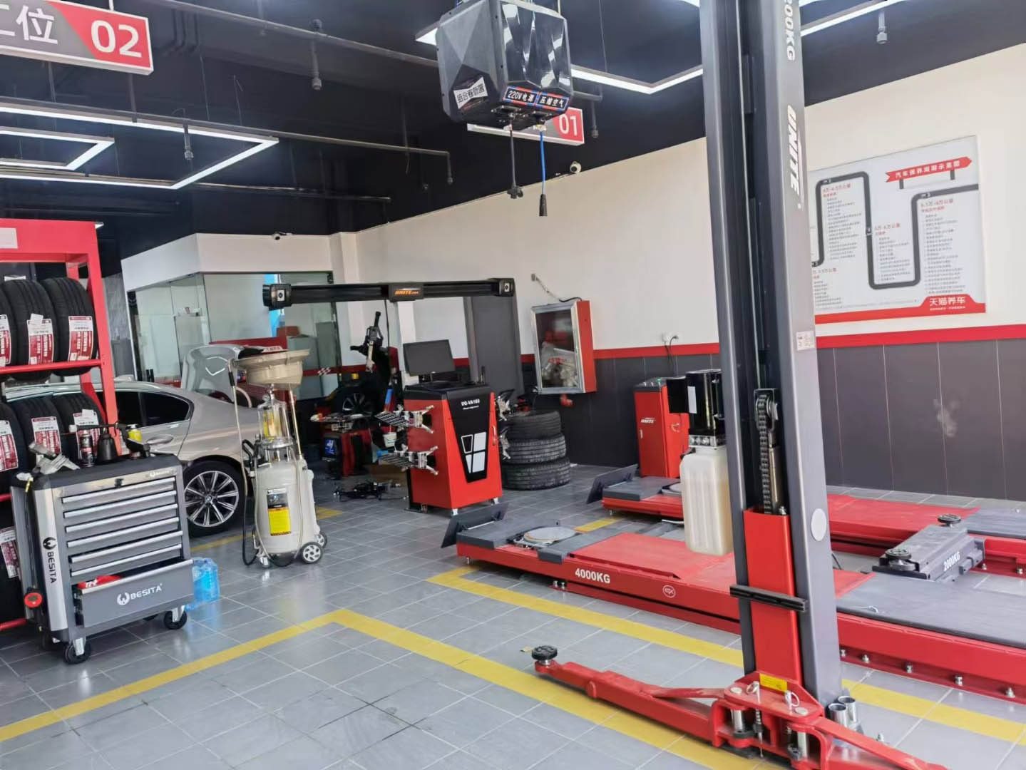 Professional workshop equipment and tooling laid out in a service bay